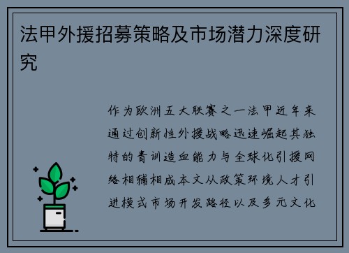 法甲外援招募策略及市场潜力深度研究