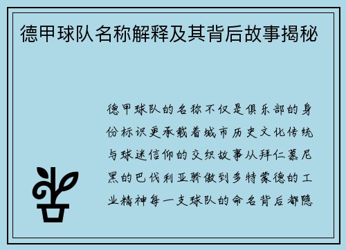德甲球队名称解释及其背后故事揭秘