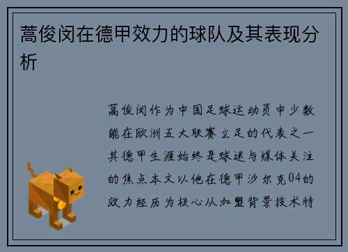 蒿俊闵在德甲效力的球队及其表现分析